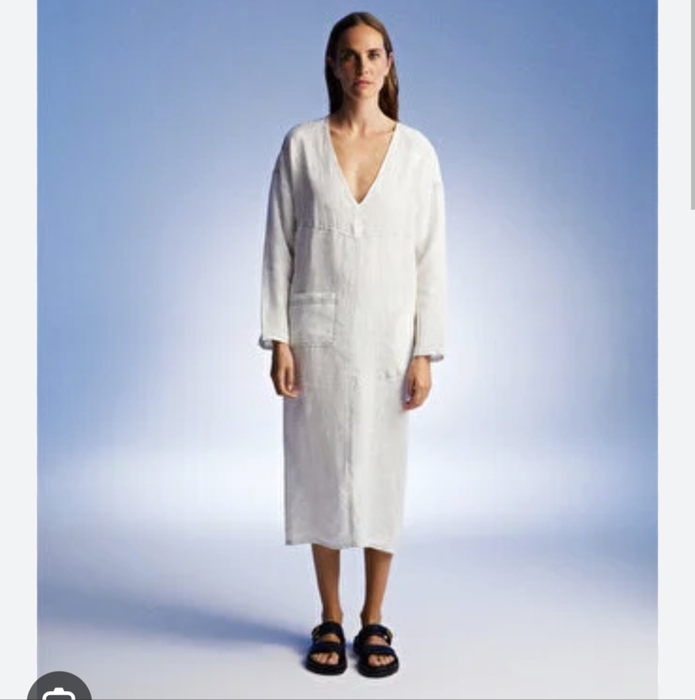 White V-Neck Long Sleeve LİNEN Dress
